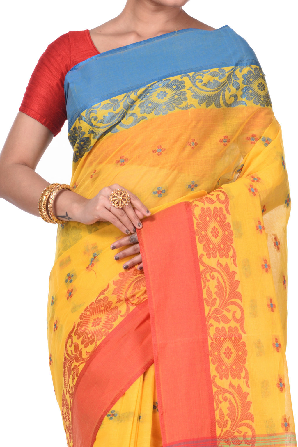 Yellow Pure Cotton Ganga Jamuna_Latapar Tant Saree (654)